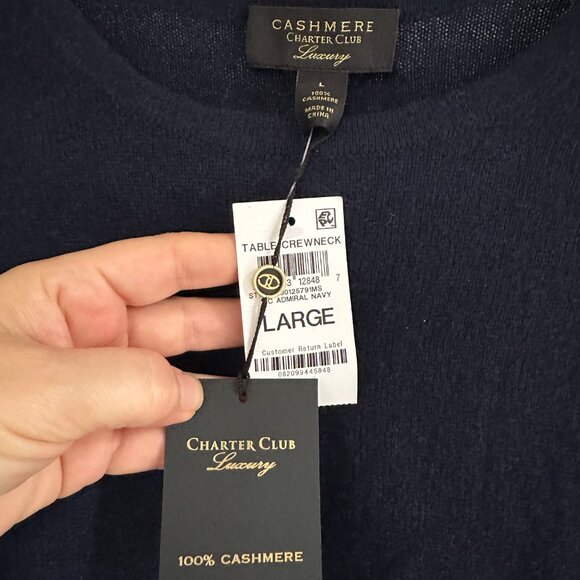 NWT Charter Club Luxury 100% Cashmere Navy Crewneck Size Large - Picture 4 of 4